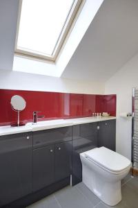 a bathroom with a toilet and a sink and a skylight at Kirkstone Lodge in Insh
