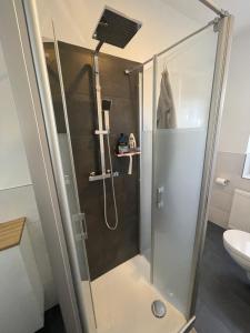 a shower with a glass door in a bathroom at Fewo ToNi in Wismar