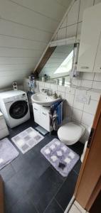 a bathroom with a toilet a sink and a washing machine at Casa Ulla am Hallenbad in Haiger