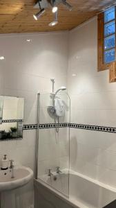 a bathroom with a shower and a sink and a tub at Beautiful Upper Apartment/Stunning Sea Views, Isle of Bute in Port Bannatyne
