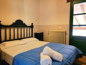 a bedroom with a bed with blue sheets and a window at Masía para grupos con piscina privada-28 pax in Girona
