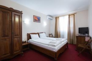 1 dormitorio con 1 cama, vestidor y TV en Dumbrava Sibiului en Sibiu