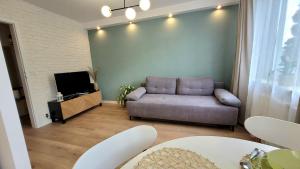 un soggiorno con divano e TV di Apartament Arkadia Augustow a Augustów