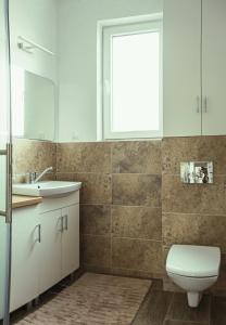 łazienka z toaletą, umywalką i oknem w obiekcie Solomon Apartments ap 2 w mieście Sângeorgiu de Mureș