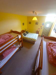 a bedroom with two bunk beds and a door at Slane Farm Hostel, Cottages and Camping in Slane