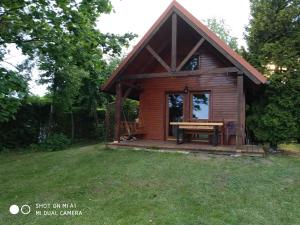 a small cabin with a picnic table in the yard at Domek letniskowy-Powidz ul.Topolowa in Powidz