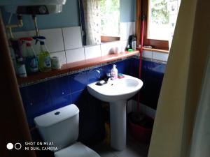 łazienka z białą umywalką i toaletą w obiekcie Domek letniskowy-Powidz ul.Topolowa w Powidzu