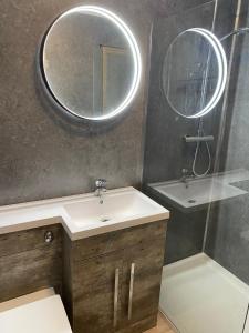 a bathroom with a sink and a mirror at Cackle hill lakes, Kingfisher Lodge in Biddenden