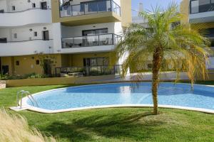 a palm tree and a swimming pool in front of a building at Family apartments Albur Village II in Alvor