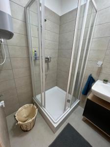 a shower with a glass door in a bathroom at Lakeside Home in Siófok
