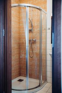 a shower with a glass door in a bathroom at Pensjonat Rozanna in Wąwolnica