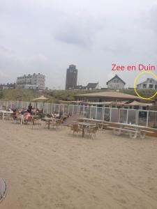 eine Gruppe von Tischen und Stühlen am Strand in der Unterkunft Zee en Duin in Zandvoort