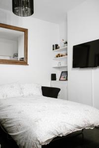 um quarto com uma cama com um espelho e uma televisão em Gorgeous 3 Bedroom Victorian Townhouse em Lisburn