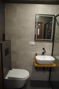 a bathroom with a sink and a toilet and a mirror at Apartament Cesarski in Wałcz