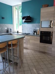 une cuisine aux murs bleus et un comptoir avec un four micro-ondes dans l'établissement gite la cordée, à Lavans-lès-Saint-Claude