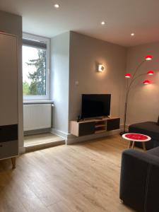 sala de estar con TV de pantalla plana y sofá en Apartament BB z widokiem na Krynicę, en Krynica-Zdrój