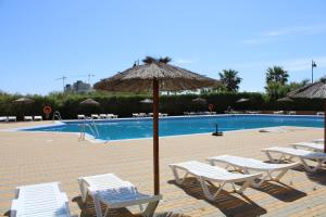 eine Gruppe Stühle und ein Sonnenschirm neben einem Pool in der Unterkunft APTO. DE 1 DORMITORIO EN PRIMERA LINEA DE PLAYA. ISLA CANELA in Huelva