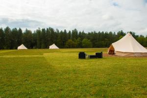 a group of three tents in a field at Forest Edge Glamping in Gittisham