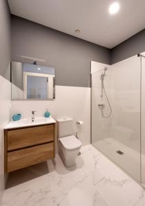 ein Bad mit einem WC, einer Dusche und einem Waschbecken in der Unterkunft Apartamentos Bestarruza in Mugardos