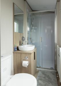 a bathroom with a toilet and a sink and a shower at The Beach Hut, Burghead in Burghead