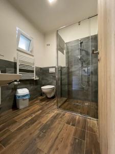 un bagno con doccia e WC di Liget Üdülőpark Fonyód a Fonyód