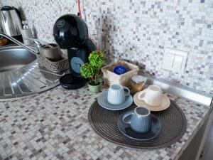 Un mostrador de cocina con platos y sombreros encima. en Studios Sea view Primorsko, en Primorsko 44 fotos más
