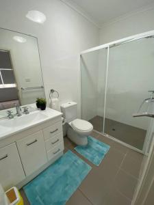 La salle de bains est pourvue de toilettes et d'une douche en verre. dans l'établissement Furnished Home near Newcastle and Warners Bay, à Mount Hutton