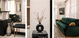 uma sala de estar com um sofá verde e um vaso em HIGHSTAY - Luxury Serviced Apartments - Tuileries Garden em Paris