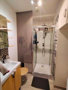 baño con ducha y puerta de cristal en Le Mistral location, en La Ciotat