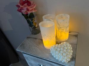 una mesa con tres vasos y un jarrón de flores en Dieppe duplex cosy en hyper centre, en Dieppe
