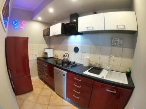 cocina con fregadero y nevera en Faryna Apartament, en Ruciane-Nida