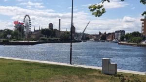 a view of a river with a ferris wheel in the background at Old Town Nadmotławie - Sauna & Gym I 10min deptak in Gdańsk