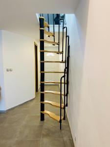 a wooden spiral staircase in a room with a wall at Douceur du sud in Vitrolles