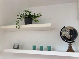 ein Regal mit einer Pflanze und einer Uhr drauf. in der Unterkunft Rustig appartement in het groen met terras in Kontich