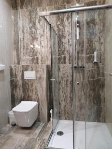 a bathroom with a glass shower with a toilet at Hotel Biele Studničky Dargov in Drahov