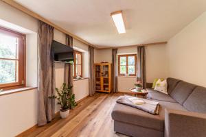 salon z kanapą i telewizorem w obiekcie Schildhof Ebion Familienwohnung w mieście San Leonardo in Passiria