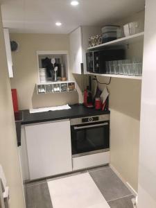 een kleine keuken met een fornuis en een magnetron bij Senja, Skaland apartment in Skaland