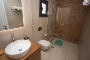 une salle de bain avec un lavabo, une douche et des toilettes dans l'établissement George‘s Place Kastrosikia, à Kastrosikia 18 autres photos