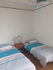 een slaapkamer met 2 bedden en een nachtkastje met een lamp bij la maison des vendangeurs in Villesequelande