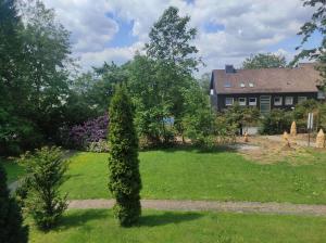 ein Haus mit einem Garten mit Busch in der Unterkunft Ferienwohnung Schüler-Wolke 2 in Sankt Andreasberg