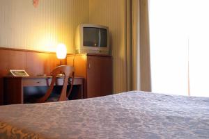 ジェモーナ・デル・フリウーリにあるHotel Willyのベッド、デスク、テレビが備わるホテルルームです。