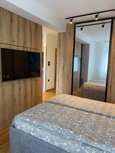 a bedroom with two beds and a flat screen tv at Tesla 8 Apartment in Novi Sad