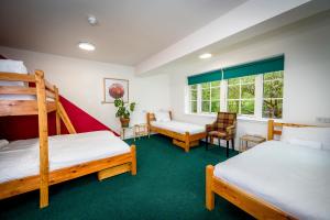 Pokój z 2 łóżkami piętrowymi i krzesłem w obiekcie Loch Ness Bunk Inn w mieście Drumnadrochit