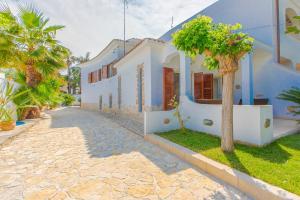 ein blau-weißes Haus mit Palmen und einer Straße in der Unterkunft Villa Agave al mare in Specchiolla 
