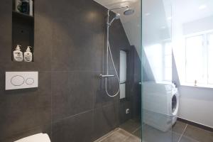 a bathroom with a shower with a glass door at Copenhagen Management RA5 in Copenhagen +12 photos