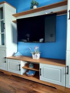 a entertainment center with a large television on a blue wall at Zara Apartment in Gorna Oryakhovitsa