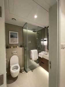 La salle de bains est pourvue de toilettes et d'une douche en verre. dans l'établissement Apartments with three bedrooms at address hotel, à Sharm