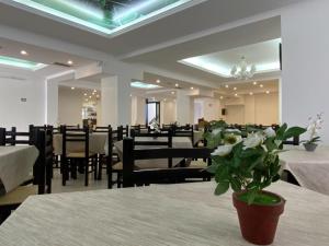 a restaurant with tables and chairs and a vase of flowers at Hotel Globo in Durrës