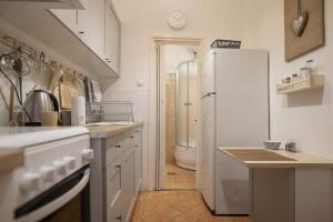 La cuisine est équipée d'un réfrigérateur blanc et d'un évier. dans l'établissement Peaceful Central Stay Gozsdu, à Budapest