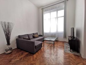a living room with a couch and a tv at Urban Centro Apartment in Budapest